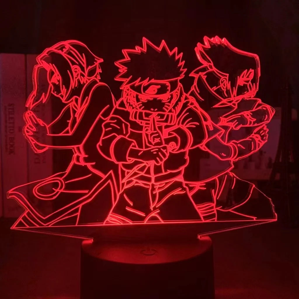 Naruto Team 7 3D LED Night Light – Uzumaki, Sasuke, Kakashi | 16-Color Acrylic Lamp with Remote